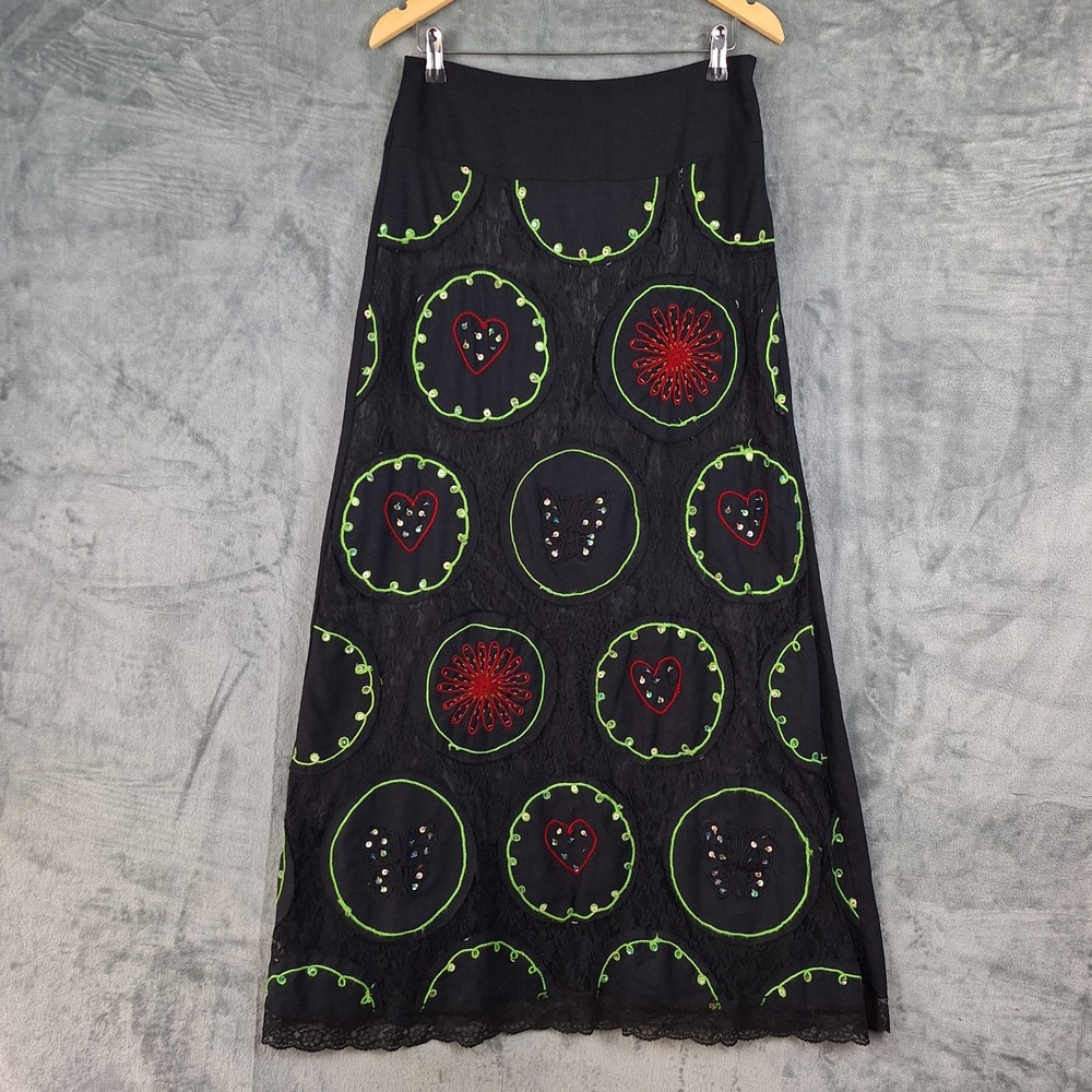 Vtg Womens Skirt Medium Black Boho Embroidered Sequin Lace Maxi Artsy Whimsigoth
